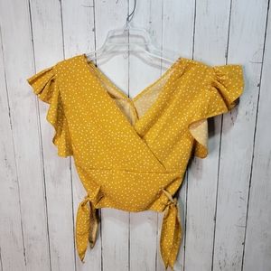 New! Blanche Mustard Yellow Flutter Sleeve Cropped Blouse Shirt Size M/L.